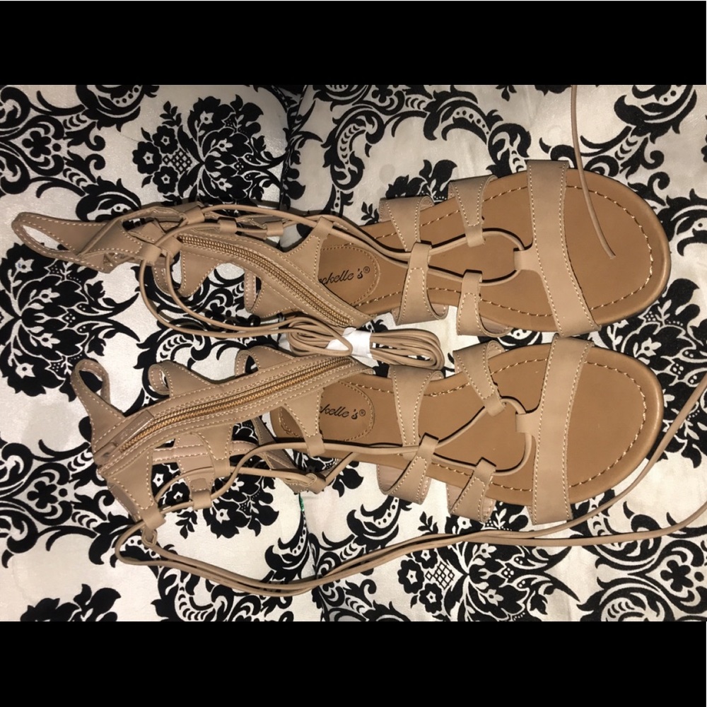 New beige gladiator strapped lace up sandals